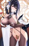  1girl absurdres azur_lane bare_shoulders black_hair blue_flower breasts brown_gloves chen_hai_(azur_lane) chen_hai_(retrofit)_(azur_lane) chinese_clothes clothes_lift cowboy_shot crotch_plate elbow_gloves flower flower_ornament gloves highres hip_vent large_breasts long_hair looking_at_viewer navel pelvic_curtain pelvic_curtain_lift red_eyes revealing_clothes skindentation solo standing zhanggong 