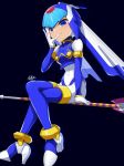  1girl android azaz_(4423442344234423) black_background blue_eyes blush bodysuit breasts commentary_request covered_navel crossed_legs helmet high_heels leviathan_(rockman) medium_breasts monochrome_background polearm riding rockman rockman_zero simple_background smile solo spear thighhighs weapon 