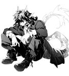  1boy arknights black_hair boots cigarette dragon_boy dragon_horns dragon_tail full_body gloves greyscale highres horns lee_(arknights) looking_at_viewer male_focus monochrome pointy_ears simple_background sitting solo sora_(sora1019) sunglasses tail white_background white_gloves 