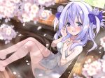  1girl :d amamiya_shizuku_(hizuki_yayoi) bath blue_bow blue_eyes blue_hair blurry blurry_foreground blush bow breasts collarbone commentary_request depth_of_field double_bun feet_out_of_frame flower groin hair_between_eyes hair_bow hair_bun hands_up highres hizuki_yayoi knees_together_feet_apart long_hair looking_at_viewer medium_breasts naked_towel original partially_submerged petals revision smile solo towel two_side_up wavy_mouth white_flower 