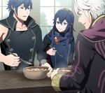  1girl 2boys ameno_(a_meno0) asymmetrical_clothes blue_hair brown_eyes chrom_(fire_emblem) coat eating fire_emblem fire_emblem_awakening food grey_hair hair_between_eyes holding holding_spoon indoors long_hair long_sleeves looking_at_viewer lucina_(fire_emblem) multiple_boys open_mouth robin_(fire_emblem) robin_(male)_(fire_emblem) short_hair smile soup spoon steam sweater symbol-shaped_pupils table tiara window 