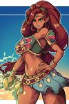  2020 absurd_res bracelet breasts breath_of_the_wild brown_hair circlet ear_piercing female gerudo green_eyes hair hand_on_hip hi_res humanoid humanoid_pointy_ears jewelry melee_weapon midriff navel neck_rings nintendo not_furry piercing powtaytow3333 solo tan_body tan_skin the_legend_of_zelda urbosa video_games weapon 