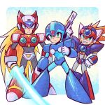  3boys blonde_hair blue_eyes brown_hair character_request closed_mouth green_eyes gun highres holding holding_gun holding_weapon humanoid_robot laser-lance long_hair looking_at_viewer mega_man_(series) mega_man_x_(series) multiple_boys parted_lips robot short_hair teeth weapon x_(mega_man) zero_(mega_man) 