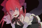  1girl black_dress blue_eyes dark_background detached_sleeves dress elizabeth_bathory_(fate) elizabeth_bathory_(fate/extra_ccc) fate/extra fate/extra_ccc fate_(series) flat_chest grey_tail hair_ribbon halter_dress halterneck horns leaning_forward long_hair looking_at_viewer noz_2to pink_hair pink_horns pointy_ears purple_ribbon ribbon simple_background solo tongue tongue_out 