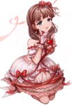 1girl bare_shoulders blue_eyes bow brown_hair dress dress_bow earrings finger_ribbon gloves hair_bow hairband highres idolmaster idolmaster_cinderella_girls jewelry konnong looking_at_viewer medium_hair open_mouth red_bow red_ribbon ribbon sakuma_mayu simple_background smile solo white_background white_gloves 