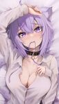  animal_ears blush breasts cat_ears cleavage collarbone highres hololive large_breasts mouth_hold nekomata_okayu partially_unbuttoned purple_eyes purple_hair ribbon ribbon_in_mouth samu_(sam_deg369) shirt upper_body white_shirt 