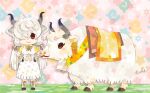  1girl animal animal_ears boots bow bowtie brown_eyes cow cow_ears cow_girl cow_horns cow_tail extra_ears full_body gloves grey_hair hair_over_one_eye horns japari_symbol kemono_friends kikuchi_milo long_hair looking_at_viewer pink_background shirt simple_background skirt star_(symbol) tail twintails yak_(kemono_friends) 