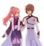  1boy 1girl absurdres black_gloves blue_eyes brown_hair couple dress gloves gundam gundam_seed gundam_seed_freedom hetero highres holding_hands kira_yamato lacus_clyne looking_at_another military_uniform pink_hair purple_eyes smile uniform white_background ymrxx_(kamihurai) 