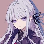  1girl absurdres black_gloves black_jacket black_ribbon braid brown_background collared_shirt danganronpa:_trigger_happy_havoc danganronpa_(series) gloves grey_hair hair_ribbon hand_up highres jacket jiabingkele kirigiri_kyoko long_hair pink_eyes portrait ribbon shirt side_braid simple_background single_braid solo thinking 