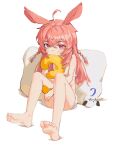  1girl absurdres ahoge animal_ears bare_legs barefoot blush braid chunkyeggy commentary crossed_bangs english_commentary feet full_body hair_ornament highres holding knees_up legs long_hair looking_at_viewer phase_connect pillow pink_eyes pink_hair pipkin_pippa rabbit_girl sidelocks simple_background sitting soles solo toes virtual_youtuber white_background 