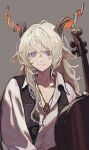  1boy animal_ears arknights bishounen cello goat_boy goat_ears goat_horns grey_background highres horns instrument jewelry kreide_(arknights) long_hair male_focus necklace purple_eyes shima_(shimmer_7y) shirt simple_background smile solo upper_body white_hair white_shirt 
