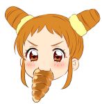  1girl aikatsu! aikatsu!_(series) arisugawa_otome blush brown_eyes chibi croissant dot_nose food highres looking_at_viewer mouth_hold orange_hair sekina simple_background solo white_background 