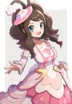  1girl absurdres blue_eyes breasts brown_hair curly_hair dress frilled_sleeves frills gonzarez highres hilda_(pokemon) hilda_(special_costume)_(pokemon) long_hair long_sleeves medium_breasts official_alternate_costume open_mouth pink_dress pink_skirt pokemon pokemon_masters_ex revision sidelocks skirt skirt_hold smile solo teeth upper_body upper_teeth_only white_headwear 
