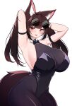  1girl 5danny1206 :p absurdres animal_ear_fluff animal_ears arm_strap armpits arms_behind_head black_bow black_bowtie black_leotard bodystocking bow bowtie breasts brown_hair collar covered_navel eyewear_on_head glasses highres huge_breasts leotard original red_eyes round_eyewear solo tail tongue tongue_out white_collar 