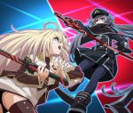  2girls battle black_headwear black_necktie black_scarf blonde_hair breasts collared_dress dress duel_monster gloves green_eyes grey_hair hat holding holding_sword holding_weapon long_hair long_sleeves multiple_girls necktie official_art pantyhose peaked_cap red_eyes scarf sky_striker_ace_-_raye sky_striker_ace_-_roze sword thighhighs twintails two-tone_dress wakoudo weapon yu-gi-oh! 