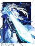  1boy belt black_gloves blonde_hair blue_eyes blue_theme dated electricity english_text gloves glowing glowing_sword glowing_weapon guilty_gear hair_between_eyes holding holding_sword holding_weapon ky_kiske long_hair male_focus parted_lips partially_colored ponytail shin_(sinsin12121) solo sword twitter_username weapon 