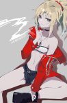  1girl absurdres bandeau belt blonde_hair blue_shorts boots braid breasts cutoffs denim denim_shorts fate/apocrypha fate/grand_order fate_(series) feibai french_braid green_eyes grin highres jacket jewelry long_hair long_sleeves looking_at_viewer mordred_(fate) mordred_(fate/apocrypha) mordred_(memories_at_trifas)_(fate) navel necklace open_clothes open_jacket parted_bangs ponytail red_jacket short_shorts shorts sidelocks sitting small_breasts smile smoking solo thighs 