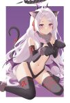  1girl absurdres ahoge animal_ear_fluff animal_ears animal_hands bare_shoulders bell black_gloves black_leotard black_thighhighs blue_archive blush breasts cat_ears cat_tail center_opening cosplay elbow_gloves fake_animal_ears fate/kaleid_liner_prisma_illya fate_(series) forehead fur_collar gloves hair_ribbon halo highres hina_(blue_archive) horns illyasviel_von_einzbern illyasviel_von_einzbern_(beast_style) illyasviel_von_einzbern_(beast_style)_(cosplay) jingle_bell leotard long_hair looking_at_viewer multiple_horns navel parted_bangs paw_gloves purple_eyes ribbon rko_(a470350510) small_breasts solo tail thighhighs thighs white_hair wings 