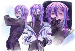  1boy alternate_hair_length alternate_hairstyle black_gloves black_shirt blue_background blue_hair gloves grey_background jacket jacket_partially_removed kamishiro_rui lan_mao male_focus mask mechanical_parts mouth_mask multicolored_background multicolored_hair project_sekai purple_hair robot shirt solo white_jacket yellow_eyes 