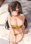  1girl bare_shoulders black_hair blush breasts brown_eyes cleavage closed_mouth commentary_request enjo_kouhai hair_ornament hairclip highres horns large_breasts long_hair looking_at_viewer navel on_bed origamine_ouka setsubun sitting skin-covered_horns solo stomach takunomi 