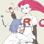  1boy 1girl atsumi_yoshioka bored crying glomp grey_background hug james_(pokemon) jessie_(pokemon) lowres open_mouth pokemon pokemon_(anime) pokemon_(classic_anime) team_rocket tears 