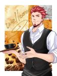 0402ma_(maico) 1boy 2bro. artist_name barista beard black_vest coffee_beans cup facial_hair highres holding holding_tray looking_at_viewer male_focus mug red_eyes red_hair shirt sleeves_rolled_up solo tray vest white_shirt 