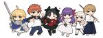  1boy 5girls ahoge armor artoria_pendragon_(fate) black_hair blonde_hair blue_eyes character_request chibi dress emiya_shirou fate_(series) green_eyes highres holding holding_sword holding_weapon kendo long_hair multiple_girls one_eye_closed open_mouth orange_hair purple_eyes purple_hair red_eyes rizu033 saber_(fate) shirt simple_background skirt sword tohsaka_rin weapon white_background white_dress white_hair white_shirt 