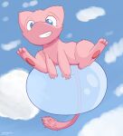 2023 3_fingers 3_toes ambiguous_gender anthro artist_name blue_eyes blue_sky bubble cloud cloudscape feet fingers fur generation_1_pokemon gooeyarts head_tuft hi_res legendary_pokemon looking_at_viewer mew_(pokemon) nintendo pawpads pink_body pink_fur pokemon pokemon_(species) showing_teeth simple_background sitting sitting_on_bubble sky smile solo solo_focus tail_tip toes tuft