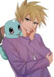  1boy absurdres blonde_hair blue_oak brown_eyes commentary_request hand_up head_tilt highres jewelry long_sleeves male_focus necklace neptune_(mhrc2784) on_shoulder parted_lips pokemon pokemon_(creature) pokemon_on_shoulder pokemon_rgby purple_shirt shirt short_hair spiked_hair squirtle upper_body white_background 