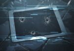  blue_archive bullet_hole cracked_screen game_cg glitch no_humans non-web_source official_art outdoors rain tablet_pc 
