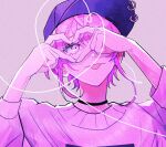  1boy amemura_ramuda baseball_cap black_choker black_headwear choker grey_background hat heart heart_hands heart_of_string hypnosis_mic long_sleeves male_focus moniinmo multicolored_hair one_eye_covered pink_eyes pink_hair purple_hair simple_background solo sweater tongue tongue_out white_hair white_sweater 