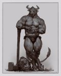  2020 anthro biceps border bovid bovine cattle claws clothed clothing decapitated_head decapitation digital_media_(artwork) ear_piercing eyes_closed grey_border greyscale hi_res horn male mammal melee_weapon monochrome muscular muscular_anthro muscular_male nipples pecs piercing severed_head simple_background solo standing taran_fiddler topless underwear weapon 