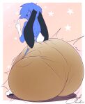 absurd_res anthro big_diaper blue_body blue_fur blush butt butt_focus canid canine clothing diaper extremius_amphibious feces fur gesture hi_res hybrid kc_(kingcrazy) lagomorph leporid long_ears male mammal messy_diaper rabbit rear_view scat soiling solo standing underwear v_sign