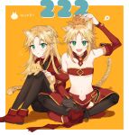  2girls animal_ears cat cat_ears cat_girl cat_tail character_request crossed_legsh fate_(series) full_body green_eyes hand_up heart highres long_hair medium_hair midriff mordred_(fate) multiple_girls open_mouth rizu033 sitting spoken_heart tail 