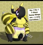 2024 anthro arthropod bee beehive black_bars blush bodily_fluids breasts claws clothed clothing crouching crown diaper diaper_fetish diaper_masturbation diaper_only english_text female genital_fluids half-closed_eyes headgear hi_res honeycomb honeycomb_(pattern) hymenopteran insect narrowed_eyes pink_diaper sex_toy shaded shadyadi solo speech_bubble stinger text topless underwear urine vibrator vibrator_on_diaper wand_vibrator watermark wet_diaper wetting wetting_diaper white_diaper wings