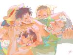  4boys arm_behind_head beard black_hair blonde_hair blue_shorts child closed_eyes elbow_pads english_commentary facial_hair green_shirt hat male_focus monkey_d._garp monkey_d._luffy multiple_boys one_piece portgas_d._ace profile sabo_(one_piece) senzzang shirt short_hair shorts simple_background sleeping sleeping_on_person smile socks straw_hat white_background white_socks 