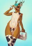 anthro antlers bottle brown_body brown_fur bulge clothing container dancrescentwolf deer front_view fur girly glass hi_res horn legwear lingerie looking_at_viewer male mammal milk milk_bottle pouring_onto_self solo thigh_highs