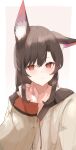  1girl absurdres adapted_costume animal_ear_fluff animal_ears blush brown_hair commentary_request hair_between_eyes hand_up highres imaizumi_kagerou light_smile long_hair long_sleeves looking_at_viewer parted_lips pollux368 red_eyes simple_background solo sweater touhou upper_body white_sweater wolf_ears wolf_girl 