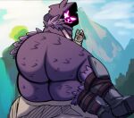 anthro armor bear big_butt bottomless butt clothed clothing epic_games eye_scar facial_scar female footwear fortnite gauntlets gloves grey_body handwear hi_res hood huge_butt inuzu looking_at_viewer looking_back looking_back_at_viewer lying mammal on_side partially_clothed purple_eyes raven_team_leader scar solo thick_thighs wide_hips
