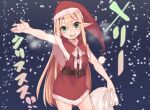  1girl aria_(fuurin) blonde_hair dress elf fur-trimmed_dress fur-trimmed_headwear fur_trim fuurin_(tukimitake) green_eyes hat holding holding_sack long_hair original outdoors outstretched_arm pointy_ears pom_pom_(clothes) sack santa_costume santa_hat snow solo steam very_long_ears very_long_hair 
