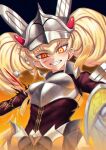  1girl armor blonde_hair blood blood_on_face breastplate centur-ion_primera duel_monster gradient_background grin helmet highres injury long_hair orange_eyes smile twintails yu-gi-oh! zidai_okuraven 