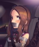  1girl absurdres bound brown_hair car_interior cityscape gag hairband highres idolmaster idolmaster_(classic) improvised_gag kaddo minase_iori out_of_frame red_eyes restrained seatbelt tape tape_bondage tape_gag tied_up upper_body 