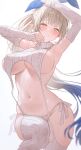  1girl armpits arms_up bare_shoulders blonde_hair blue_hair blurry blush breasts cable_knit closed_mouth commission depth_of_field detached_sleeves elf frown fymrie garter_straps hair_ribbon highres large_breasts leg_up long_hair long_sleeves looking_at_viewer meme_attire multicolored_hair no_bra original panties pointy_ears ponytail ribbed_sleeves ribbed_thighhighs ribbon side-tie_panties sideboob sidelocks simple_background sleeveless sleeveless_turtleneck sleeves_past_wrists solo string_panties sweater thighhighs thighs turtleneck two-tone_hair underboob underwear very_long_hair virgin_destroyer_sweater white_background white_panties white_sweater white_thighhighs yellow_eyes 