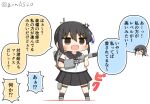  2girls adapted_turret anger_vein black_hair black_sailor_collar black_skirt brown_eyes cannon chibi chibi_inset commentary_request dual_persona fubuki_(kancolle) fubuki_kai_ni_(kancolle) full_body goma_(yoku_yatta_hou_jane) head_only holding holding_torpedo kantai_collection low_ponytail machinery medium_hair multiple_girls open_mouth pleated_skirt sailor_collar sailor_shirt school_uniform serafuku shirt short_ponytail sidelocks simple_background skirt solo_focus standing torpedo translation_request turret twitter_username wavy_mouth white_background white_shirt 