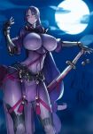  2girls armor black_gloves blood blood_on_face bodysuit breasts covered_navel elbow_gloves eu03 fate/grand_order fate_(series) fingerless_gloves full_moon gloves japanese_armor katana kote large_breasts long_hair looking_at_viewer minamoto_no_raikou_(fate) moon multiple_girls night night_sky parted_bangs pelvic_curtain purple_bodysuit purple_eyes purple_hair ribbed_sleeves rope sketch sky solo_focus sword tassel very_long_hair weapon 