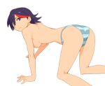  1girl ass black_hair blue_eyes breasts closed_mouth feet_out_of_frame kill_la_kill matoi_ryuuko multicolored_hair nishi_tanuki panties red_hair short_hair solo streaked_hair striped_clothes striped_panties topless two-tone_hair underwear 