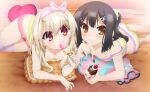  2girls ass bare_legs bare_shoulders black_hair blonde_hair blush boyshort_panties breasts brown_eyes camisole collarbone commentary_request downblouse eating fate/kaleid_liner_prisma_illya fate_(series) food frills hair_ornament hairband hairclip holding holding_food holding_ice_cream ice_cream ice_cream_cone illyasviel_von_einzbern kneehighs long_hair looking_at_viewer loungewear lying miyu_edelfelt multiple_girls official_art one_side_up panties red_eyes satou_kaori small_breasts smile socks strap_slip thighhighs underwear white_socks 