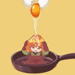  1girl apron black_gloves chibi covering_head egg egg_(food) food full_body gloves green_shirt highres ishmael_(project_moon) limbus_company mo_no_njou open_mouth orange_hair project_moon shirt simple_background solo sweat yellow_background 