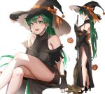  1girl absurdres alternate_costume asymmetrical_bangs bangs bare_legs bare_shoulders black_dress blush breasts broom broom_riding dress duplicate fire_emblem fire_emblem:_the_blazing_blade green_eyes green_hair halloween halloween_costume hat high_ponytail highres large_breasts long_hair looking_at_viewer lyn_(fire_emblem) multiple_views open_mouth ormille ponytail simple_background sitting smile white_background witch witch_hat 