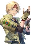  1boy black_gloves blonde_hair blue_eyes claude_kenni fingerless_gloves gloves headband jacket looking_at_viewer male_focus penguu_(green528) red_headband short_hair simple_background smile solo star_ocean star_ocean_the_second_story white_background 